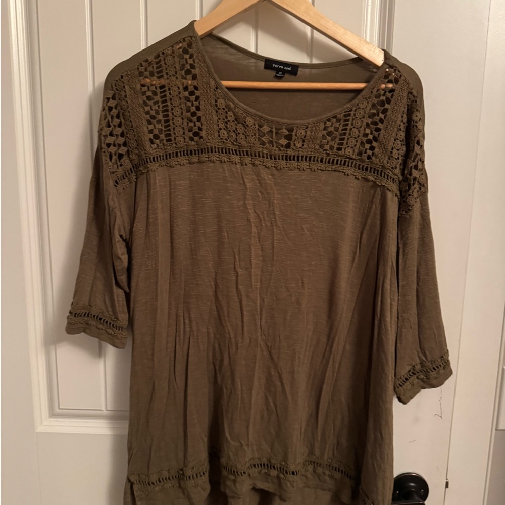 Vince Camuto Olive Green Crochet Detail Top